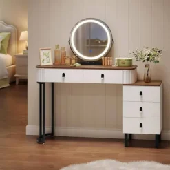 Rootz Makeup Vanity Table Set - Dressing Table - Beauty Desk - Rigelig opbevaring - 100 cm x 126 cm x 40 cm - Hvidbrunt træudseende