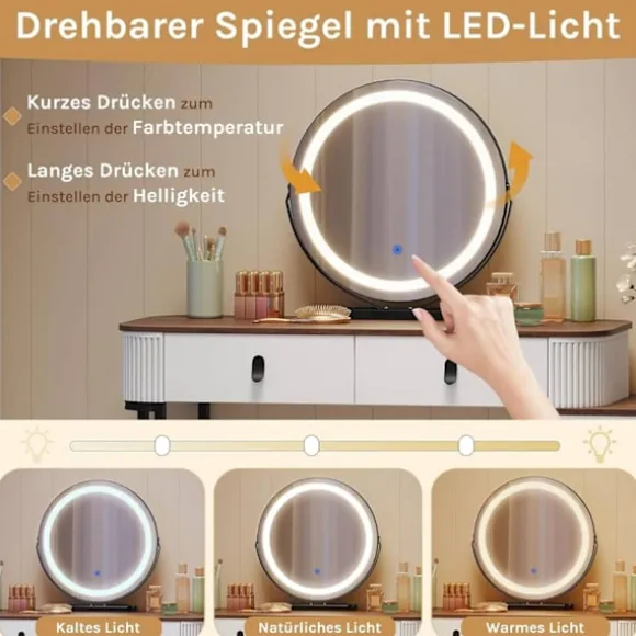 Rootz Makeup Vanity Table Set - Dressing Table - Beauty Desk - Rigelig opbevaring - 100 cm x 126 cm x 40 cm - Hvidbrunt træudseende