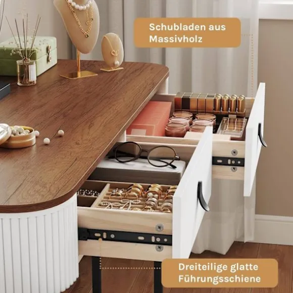 Rootz Makeup Vanity Table Set - Dressing Table - Beauty Desk - Rigelig opbevaring - 100 cm x 126 cm x 40 cm - Hvidbrunt træudseende