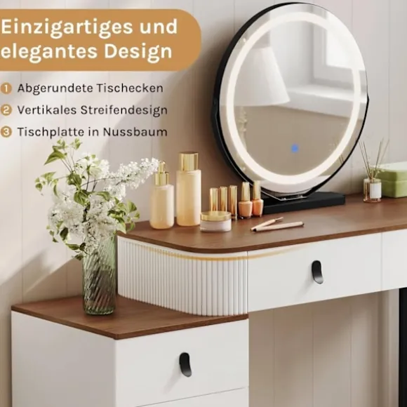 Rootz Makeup Vanity Table Set - Dressing Table - Beauty Desk - Rigelig opbevaring - 100 cm x 126 cm x 40 cm - Hvidbrunt træudseende