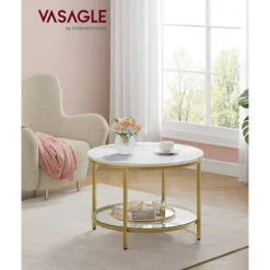 Rootz Marmor Hvid-Lys Guld Sofabord - Stuebord - Moderne Bord - Spånplade - Hærdet glas - Stål - Justerbare fødder - Letvægts - Rummelig - Nem monteri | Fyndiq
