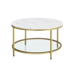 Rootz Marmor Hvid-Metallic Guld Sofabord - Stuebord - Moderne Centerbord - Spånplade - Hærdet glas - Stålstel - Justerbare fødder - Letvægts - Nem mon | Fyndiq