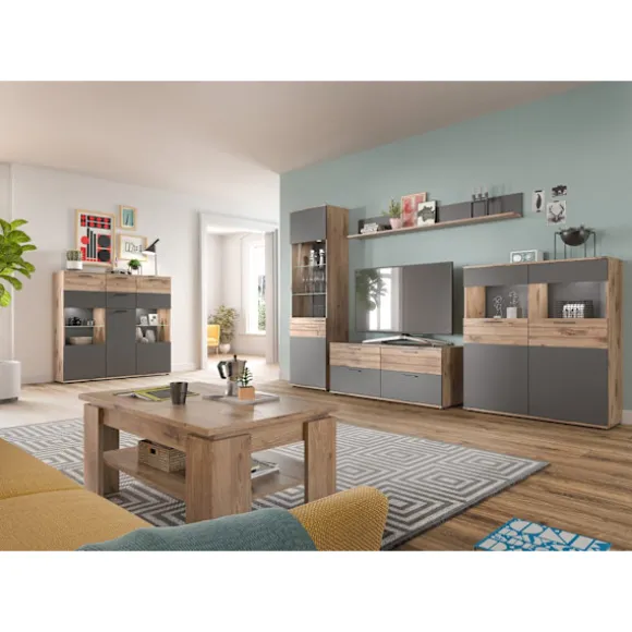 Rootz Mason 3 Door skænk - Glasfrontkabinet - Opbevaringsarrangør - Nox Oak Finish - 140 cm x 134 cm x 37 cm, grå