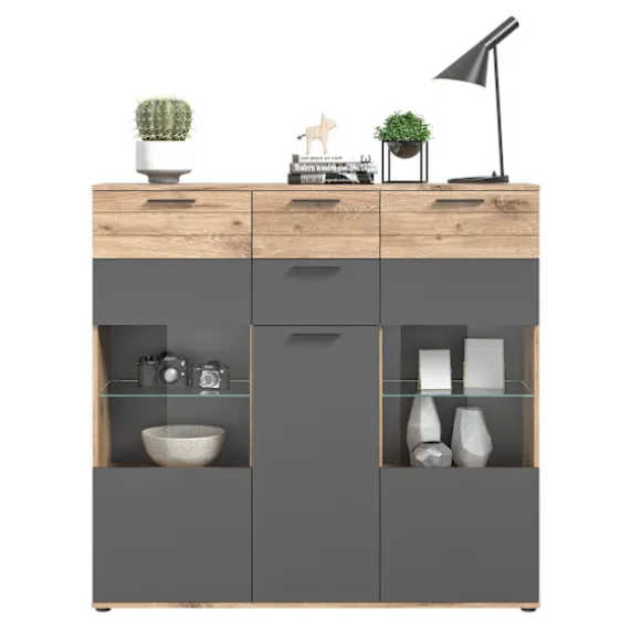 Rootz Mason 3 Door skænk - Glasfrontkabinet - Opbevaringsarrangør - Nox Oak Finish - 140 cm x 134 cm x 37 cm, grå