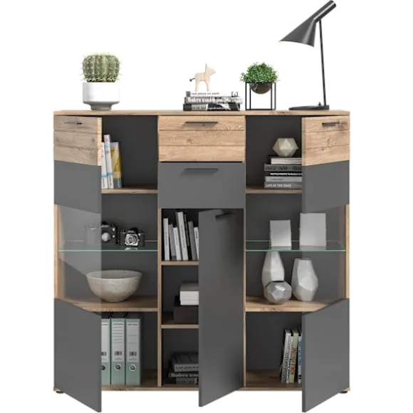 Rootz Mason 3 Door skænk - Glasfrontkabinet - Opbevaringsarrangør - Nox Oak Finish - 140 cm x 134 cm x 37 cm, grå