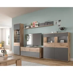 Rootz Mason Display Cabinet - Glass Showcase - 2 Door Cabinet - Moderne design - Basalt Gray - Nox Oak - 110 cm x 122 cm x 37 cm