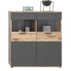 Rootz Mason Display Cabinet - Glass Showcase - 2 Door Cabinet - Moderne design - Basalt Gray - Nox Oak - 110 cm x 122 cm x 37 cm
