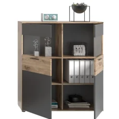 Rootz Mason Display Cabinet - Glass Showcase - 2 Door Cabinet - Moderne design - Basalt Gray - Nox Oak - 110 cm x 122 cm x 37 cm