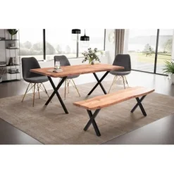 Rootz Massivt akacietræ Spisebord - Køkkenbord - Rektangulært bord - Naturligt trækorn - Unikt trækantdesign - X-formede metalben - 140 cm x 80 cm x 7 | Fyndiq