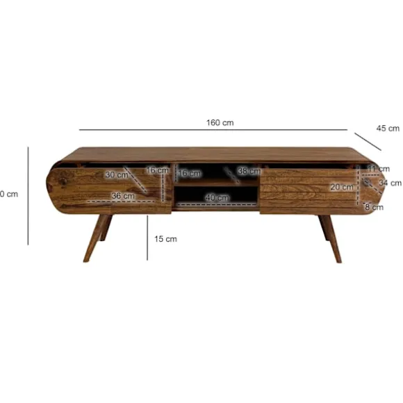 Rootz Mid-Century TV Lowboard - Retro medieskab - Stativ i massivt træ - Høj stabilitet - 160 cm x 50 cm x 45 cm