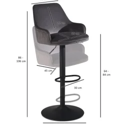 Rootz Modern Design Barstol - Fløjlssæde - Diamantquiltning - Metal trompetbase - 45 cm x 86-106 cm x 45 cm - Grå - 360° rotation - 100 kg Kapacitet | Fyndiq