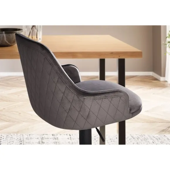 Rootz Modern Design Barstol - Fløjlssæde - Diamantquiltning - Metal trompetbase - 45 cm x 86-106 cm x 45 cm - Grå - 360° rotation - 100 kg Kapacitet | Fyndiq