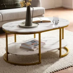 Rootz Modern Design rektangulært sofabord - Sofabord - Marmorlook - Hvid og guld - Opbevaringsområde - Elegant Flair - Robust metalstel - 100 cm x 60 | Fyndiq