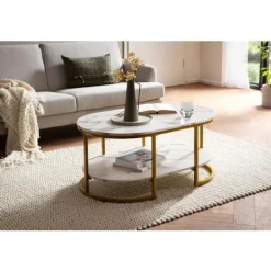 Rootz Modern Design rektangulært sofabord - Sofabord - Marmorlook - Hvid og guld - Opbevaringsområde - Elegant Flair - Robust metalstel - 100 cm x 60 | Fyndiq