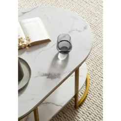 Rootz Modern Design rektangulært sofabord - Sofabord - Marmorlook - Hvid og guld - Opbevaringsområde - Elegant Flair - Robust metalstel - 100 cm x 60 | Fyndiq