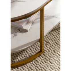 Rootz Modern Design rektangulært sofabord - Sofabord - Marmorlook - Hvid og guld - Opbevaringsområde - Elegant Flair - Robust metalstel - 100 cm x 60 | Fyndiq