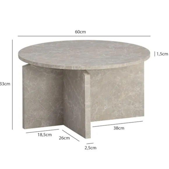 Rootz Modern Round Sofabord - Accent Bord - Grå look Tabel - Anti -slip -puder - 60 cm x 60 cm x 33 cm