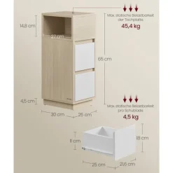 Rootz Modern Sengeborde - Natborde - Opbevaringsskabe - Træspånplade - MDF - 30 cm x 25 cm x 65 cm - 19,2 kg - 45,4 kg Bordplade Kapacitet