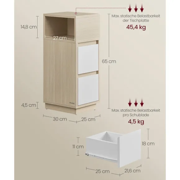 Rootz Modern Sengeborde - Natborde - Opbevaringsskabe - Træspånplade - MDF - 30 cm x 25 cm x 65 cm - 19,2 kg - 45,4 kg Bordplade Kapacitet