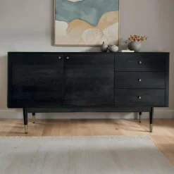 Rootz Modern skænk - Buffetskab - Konsolbord - Rigelig opbevaring - 160 cm B x 81 cm H x 42 cm D - Sort træ- og guldbeklædning