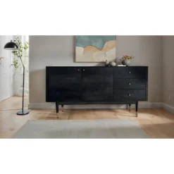 Rootz Modern skænk - Buffetskab - Konsolbord - Rigelig opbevaring - 160 cm B x 81 cm H x 42 cm D - Sort træ- og guldbeklædning