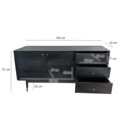 Rootz Modern skænk - Buffetskab - Konsolbord - Rigelig opbevaring - 160 cm B x 81 cm H x 42 cm D - Sort træ- og guldbeklædning