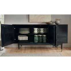 Rootz Modern skænk - Buffetskab - Konsolbord - Rigelig opbevaring - 160 cm B x 81 cm H x 42 cm D - Sort træ- og guldbeklædning