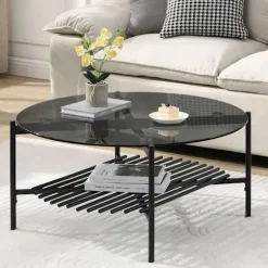 Rootz Modern Sofabord - Rundt glasbord - Sort metalstel - Elegant og kompakt - 80 cm x 80 cm x 40 cm