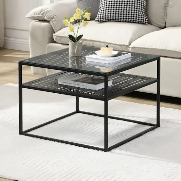 Rootz Modern Square Sofabord - Elegant gennemsigtig top - Stilfuldt gitterdesign - Kompakt og rummeligt - 60 cm x 60 cm x 45 cm