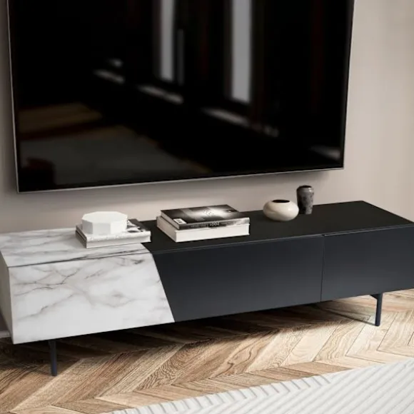 Rootz Modern TV Underskab - Lowboard - Marmor Decor - Rektangulær opbevaring - Rummelig hylde - 150 cm x 40 cm x 40 cm - Hvid & Sort - Velegnet til tv | Fyndiq
