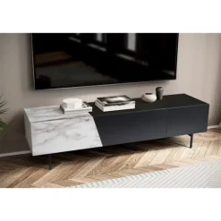 Rootz Modern TV Underskab - Lowboard - Marmor Decor - Rektangulær opbevaring - Rummelig hylde - 150 cm x 40 cm x 40 cm - Hvid & Sort - Velegnet til tv | Fyndiq