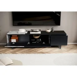Rootz Modern TV Underskab - Lowboard - Marmor Decor - Rektangulær opbevaring - Rummelig hylde - 150 cm x 40 cm x 40 cm - Hvid & Sort - Velegnet til tv | Fyndiq