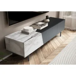 Rootz Modern TV Underskab - Lowboard - Marmor Decor - Rektangulær opbevaring - Rummelig hylde - 150 cm x 40 cm x 40 cm - Hvid & Sort - Velegnet til tv | Fyndiq