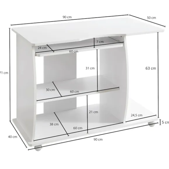 Rootz moderne computerbord med pc-hylde - Tidløst design - Opbevaringsmuligheder - Afrundede 3D-hjørner - 90 cm x 71 cm x 50 cm