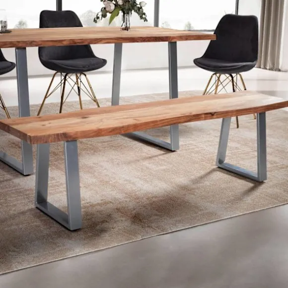 Rootz moderne design spisestuebænk - massiv træbænk - trækantssæde - trapezformede metalben - håndlavet - akacietræ - 180 cm x 40 cm x 45,5 cm
