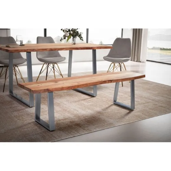 Rootz moderne design spisestuebænk - massiv træbænk - trækantssæde - trapezformede metalben - håndlavet - akacietræ - 180 cm x 40 cm x 45,5 cm