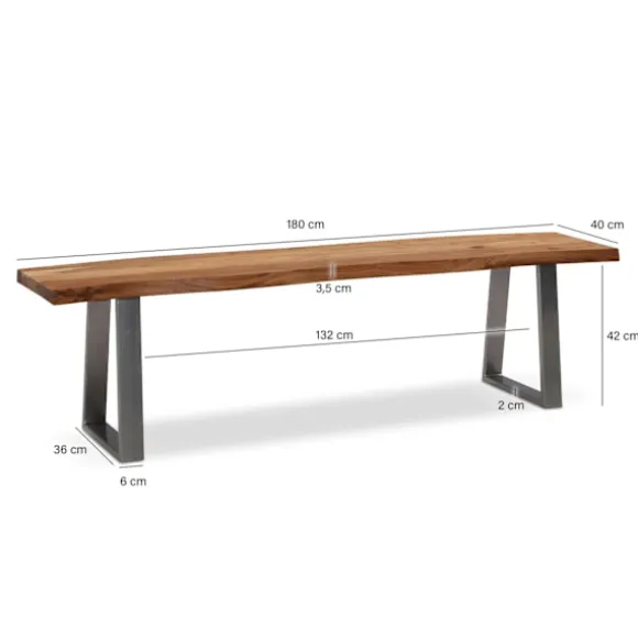 Rootz moderne design spisestuebænk - massiv træbænk - trækantssæde - trapezformede metalben - håndlavet - akacietræ - 180 cm x 40 cm x 45,5 cm