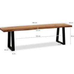 Rootz moderne design spisestuebænk - træbænk - trækantsæde - udtryk for trækorn - trapezformede metalben - 180 cm x 40 cm x 45,5 cm