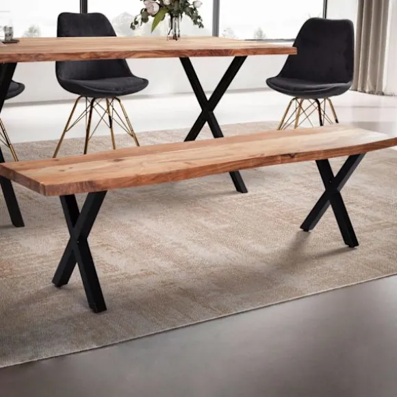 Rootz moderne design spisestuebænk - træbænk - naturligt trækorn - faste x-formede metalben - 180 cm x 40 cm x 45,5 cm