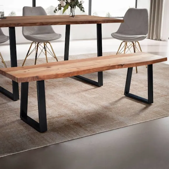 Rootz moderne design spisestuebænk - sæde i massivt træ - udtryksfulde trækanter - trapezformede metalben - håndlavet - 160 cm x 40 cm x 45,5 cm