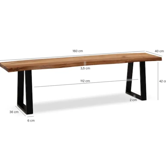 Rootz moderne design spisestuebænk - sæde i massivt træ - udtryksfulde trækanter - trapezformede metalben - håndlavet - 160 cm x 40 cm x 45,5 cm