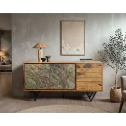 Rootz moderne skænk - Stilfuldt opbevaringsskab - 3D-døre i stenlook - Håndlavet unikt design - 150 cm x 55 cm x 40 cm