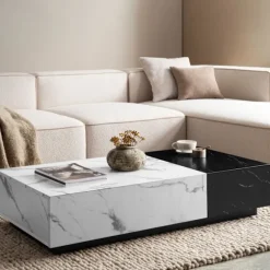 Rootz Moderne sofabord - Marmorudseende - Dual Color - Rummelig bordplade - 120 cm x 60 cm x 28cm - Elegant design, anti -slip puder