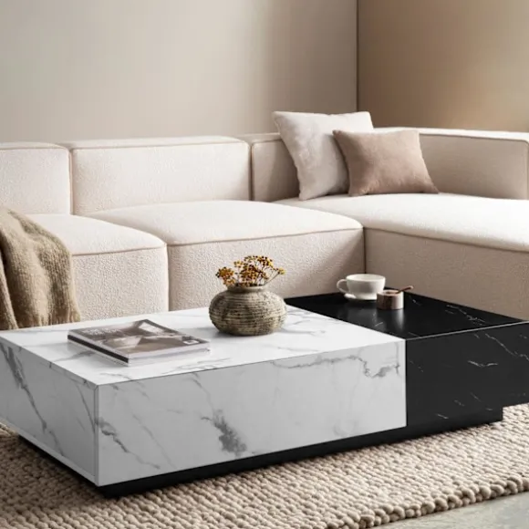 Rootz Moderne sofabord - Marmorudseende - Dual Color - Rummelig bordplade - 120 cm x 60 cm x 28cm - Elegant design, anti -slip puder