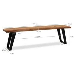 Rootz moderne spisestuebænk - træbænk - live kantbænk - akacietræ - U-formede metalben - 140 cm x 40 cm x 45,5 cm