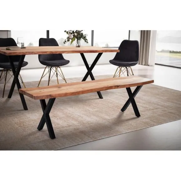Rootz moderne spisestuebænk - sæde i massivt træ - design af trækant - metal x ben - håndlavet - 160 cm x 40 cm x 45,5 cm - gyldenbrun