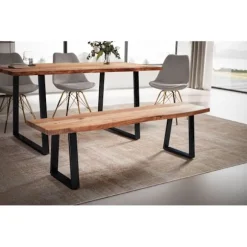 Rootz moderne spisestuebænk - massiv træbænk - udtryksfulde trækanter - akacietræ - trapezformede metalben - 140 cm x 40 cm x 45,5 cm
