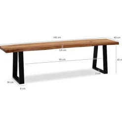 Rootz moderne spisestuebænk - massiv træbænk - udtryksfulde trækanter - akacietræ - trapezformede metalben - 140 cm x 40 cm x 45,5 cm