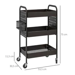Rootz Multifunktionsvogn - Køkkenvogn - 3 hylder - 4 hjul - Sort - 53,5 cm x 30,5 cm x 75 cm