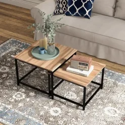Rootz Nesting Bord - Sæt med 2 sideborde - Industrielt design - Sort stålstel - Bordplade i trælook - Spånplade - Naturligt træ - 60cm x 60cm x 45cm | Fyndiq